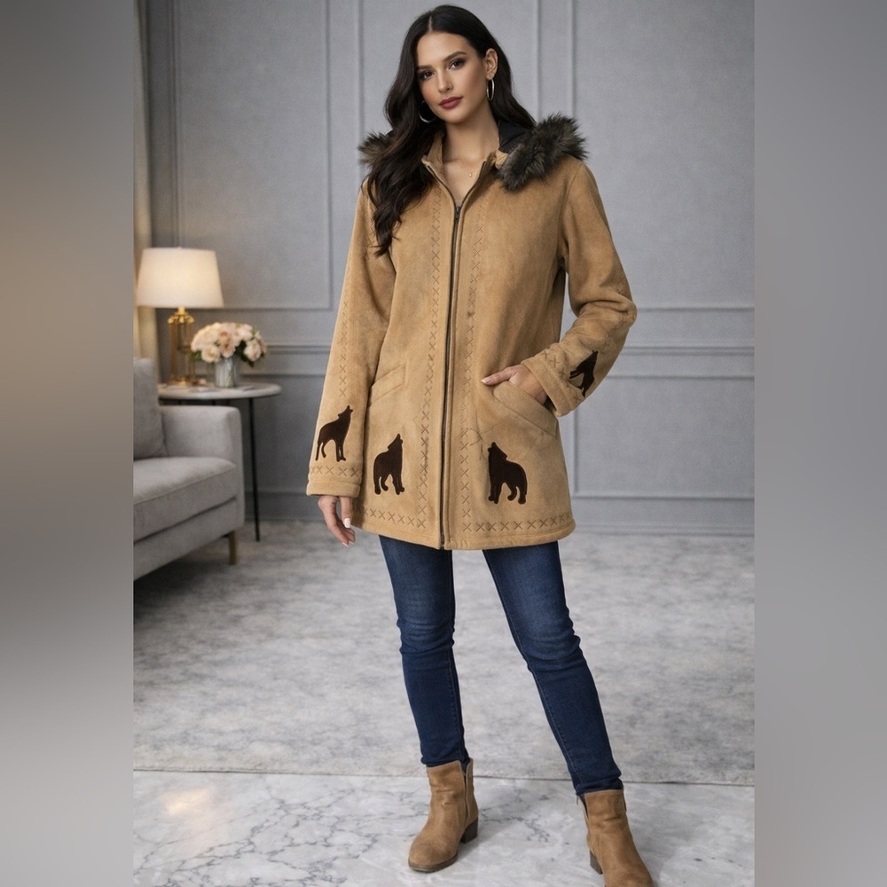 Coldwater Creek Wolf Faux Suede Coat Tan Fur Hooded Jacket Small Western Chic - Picture 11 of 11